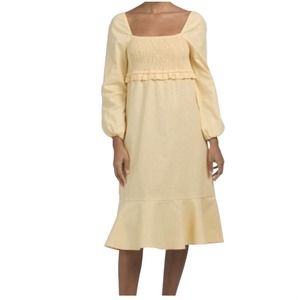 NWT 7 For All Mankind Yellow Smocked Linen Midi Dress